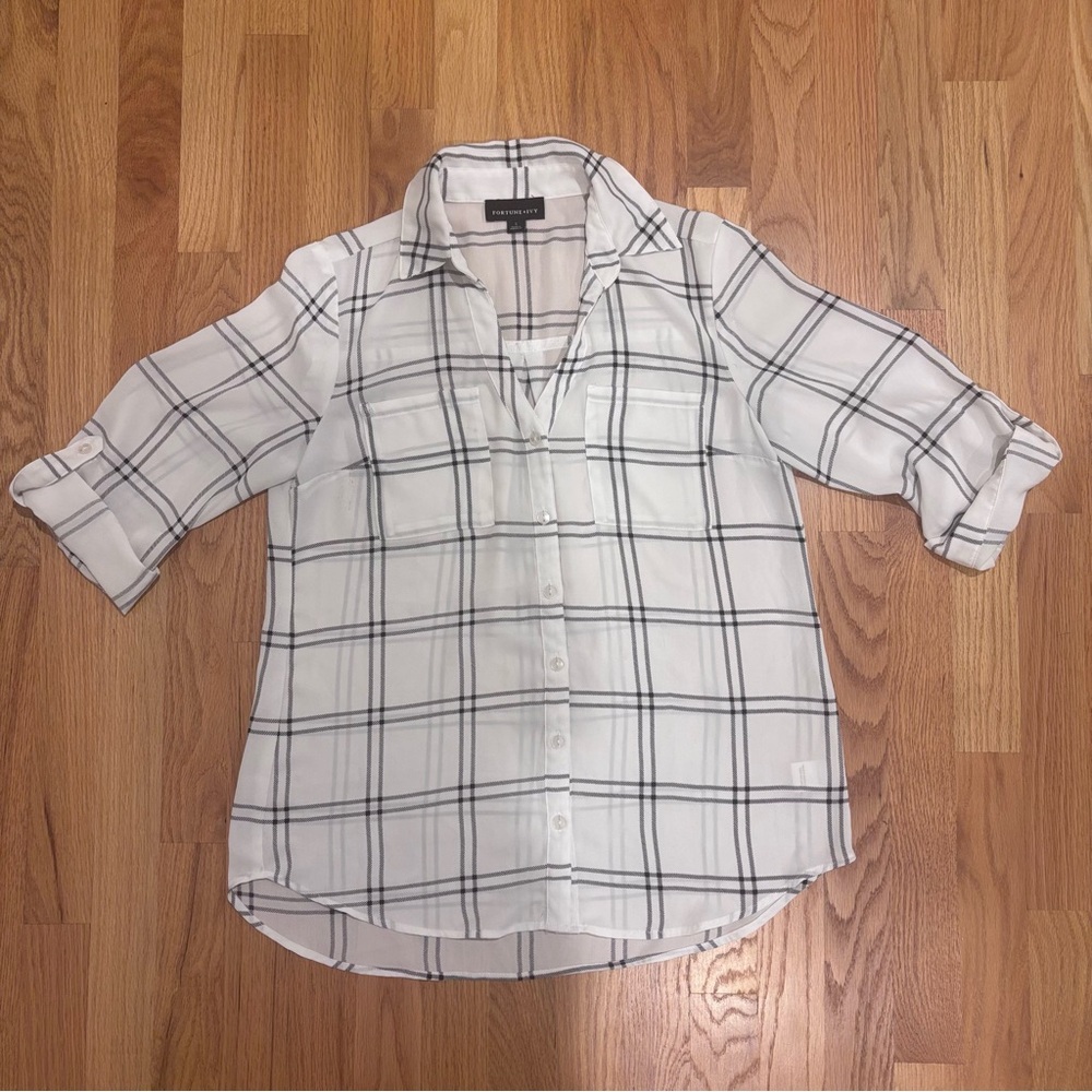 Fortune + Ivy White Black Windowpane Plaid Button Front Blouse S